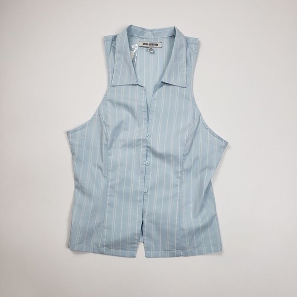 UO Party Girl Cotton-Blend Button Down Sleeveless Shirt Women Medium Blue Stripe - Picture 4 of 16